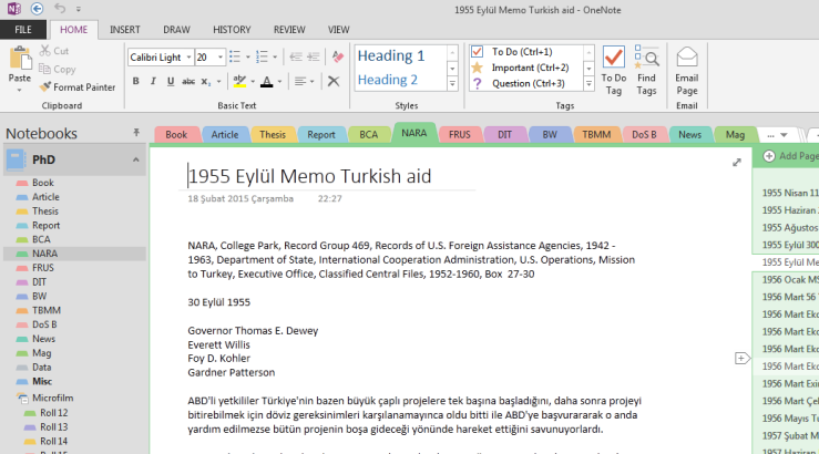 OneNote notebook with its section groups, sections and pages.